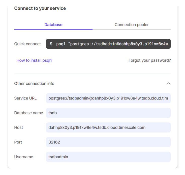 The Connect to you service page in the Timescale Cloud console