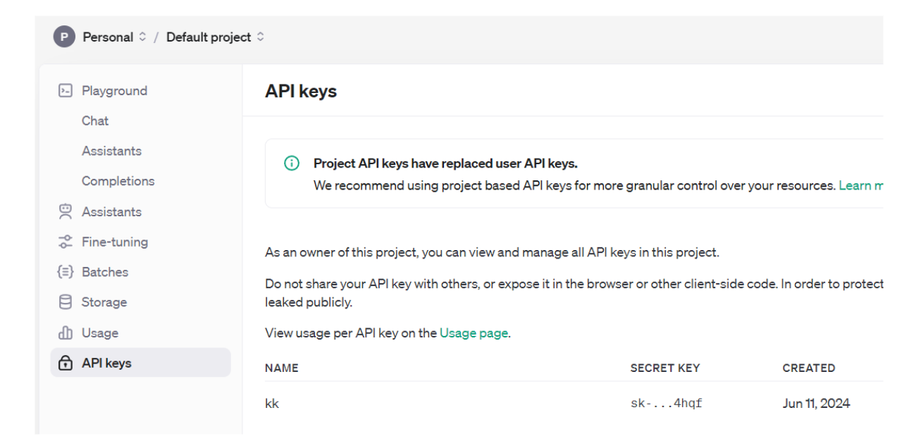 The API Keys page in the OpenAI platform