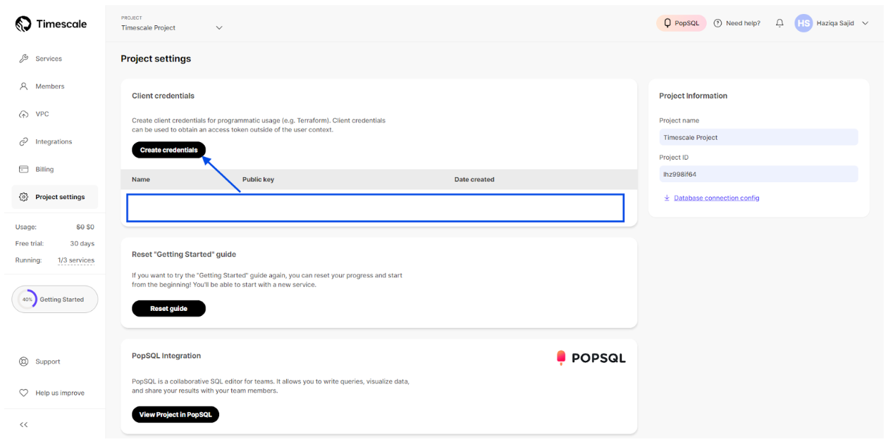 Project settings page to create credentials in the Timescale console