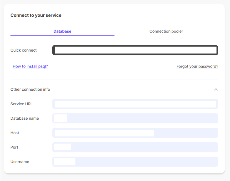 The connect to your service page in the Timescale Cloud console