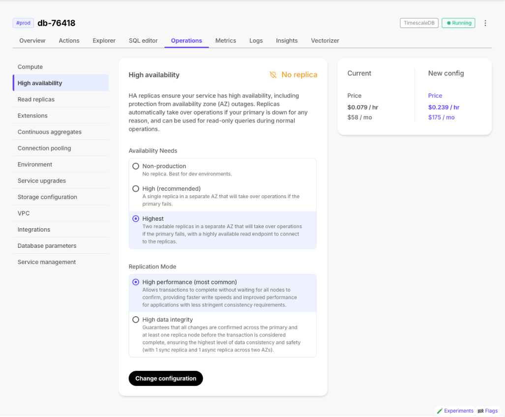 The High availability section in the Timescale UI