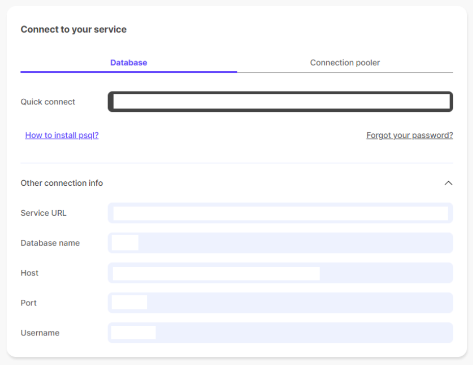 The Connect to your service page in the Timescale UI