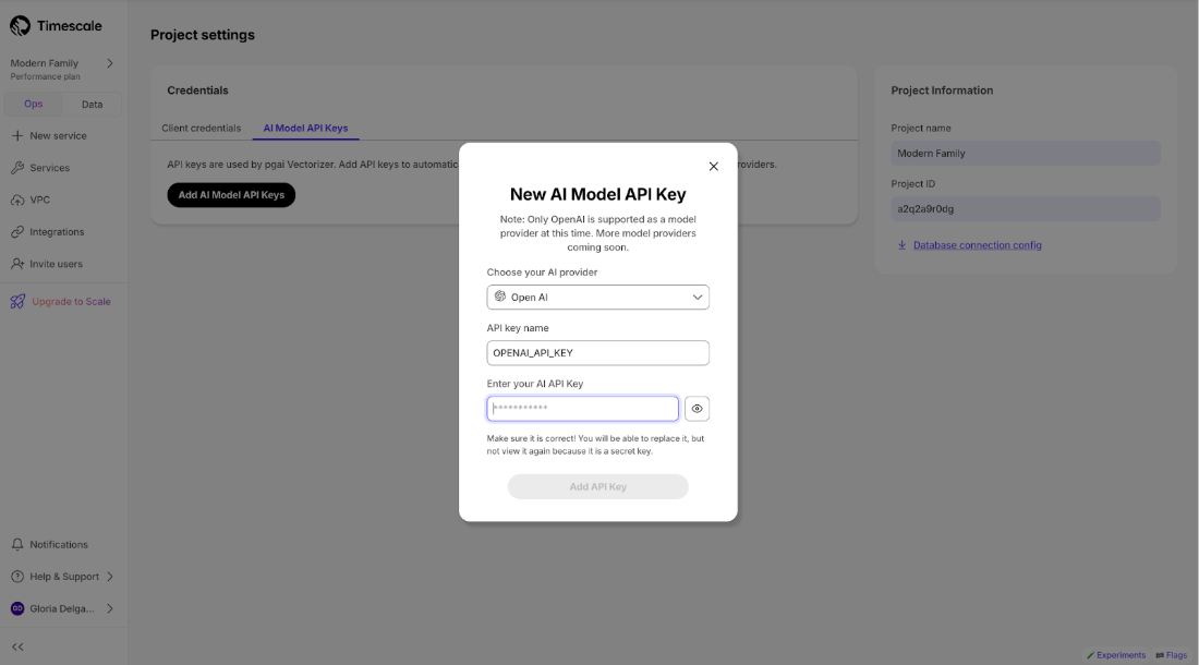 Timescale UI - New AI model API key pop up