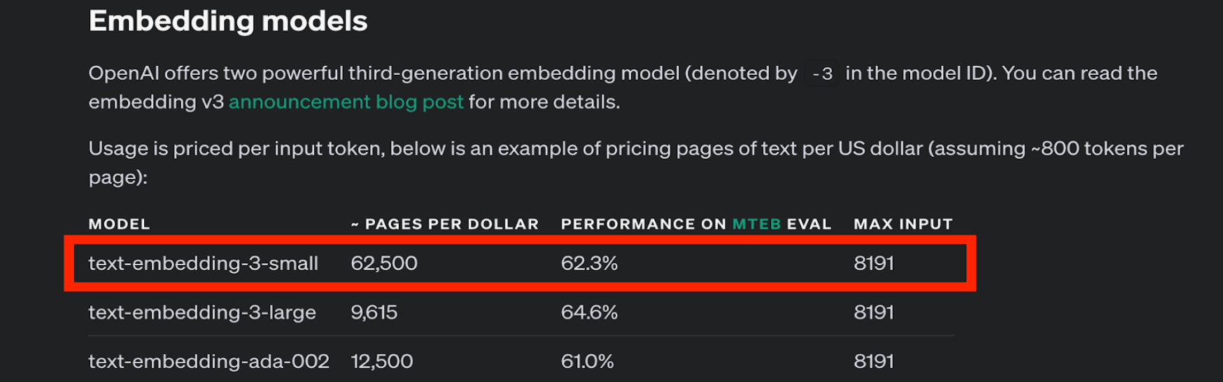 A table with the performance eval of the OpenAI embedding models