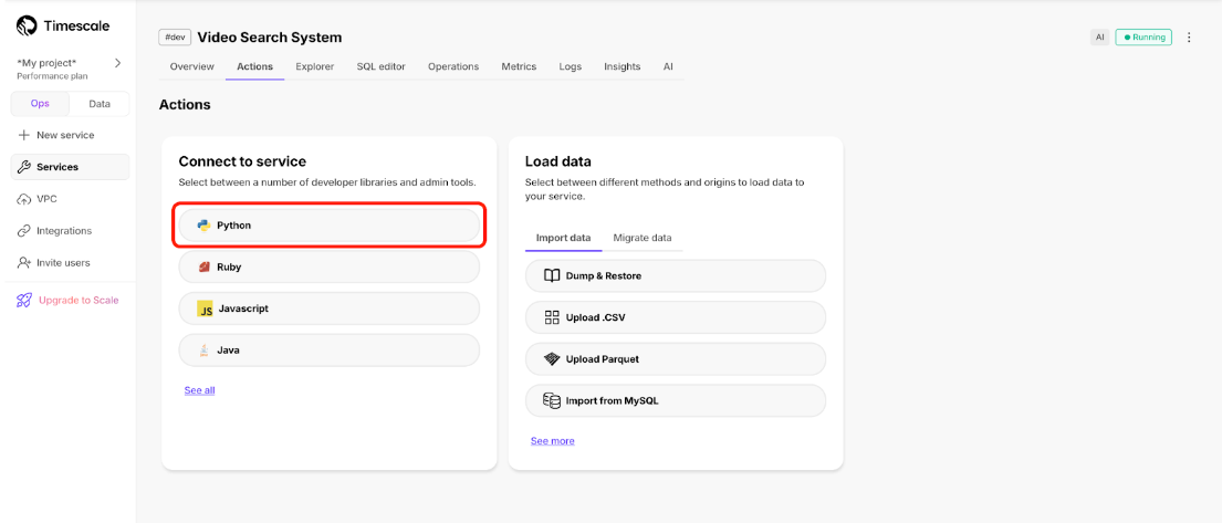 Database connection dashboard in the Timescale UI