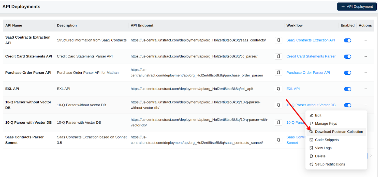 The API deployments page